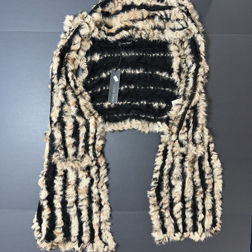 Love Token High-Low Rabbit-Fur Vest Women's Size L Black Beige Boho NWT
